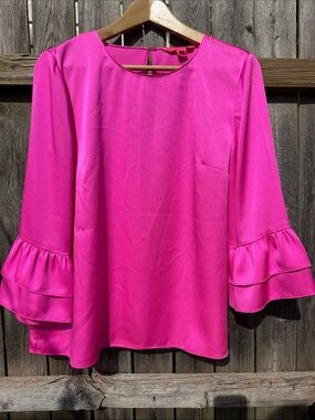 Lilly Pulitzer Christie Top Mandevilla Pink Ruffle Sleeve Blouse Size M